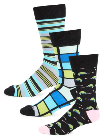 Unsimply Stitched Men's 3-pack Patterned Crewk Socks In Black Multi