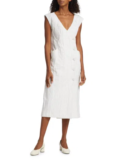 Co V-neck Button-front Crinkle Jacquard Midi Dress In White