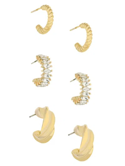 Ettika Women's Set Of 3 Tiny & Shiny 18k Goldplated & Glass Huggie Hoop Earrings In Brass
