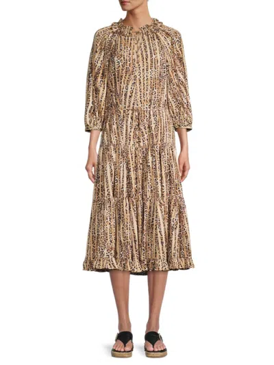 Kobi Halperin Whistler Ruffled Animal Print Midi Dress In Natural Multi