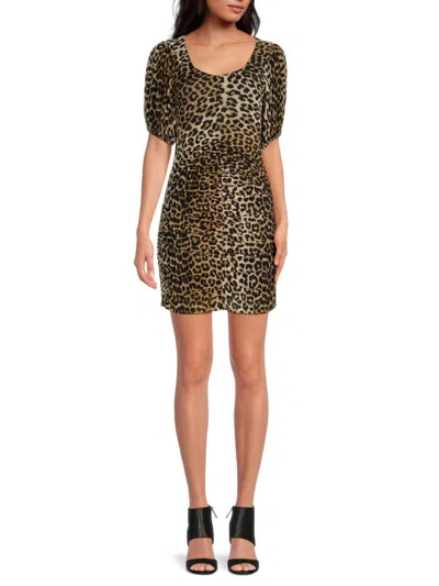 Ganni Ruched Leopard-print Stretch-mesh Mini Dress In Leopard Brown