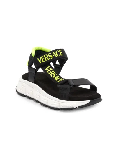 Versace Kids' Logo Print Strap Leather Sandals In Black Yellow
