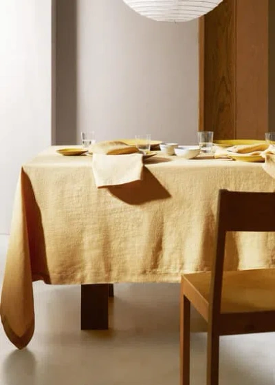 Mango Home 100% Linen Tablecloth With Quilted Details 67x98 In Mustard In Yellow