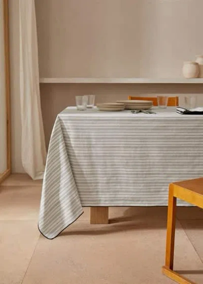 Mango Home Striped Cotton Linen Tablecloth With Trim 170x250cm Ecru In Gray