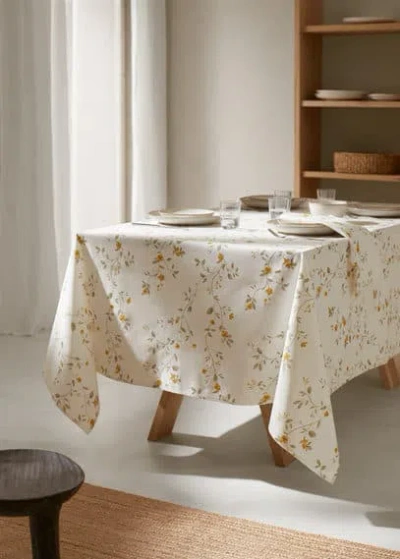Mango Home Floral-print Cotton Tablecloth 170x170cm Off White