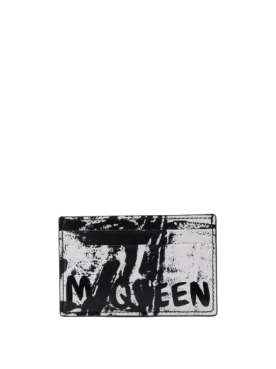Alexander Mcqueen Leather Card Holder With Mcqueen Graffiti Logo In Black