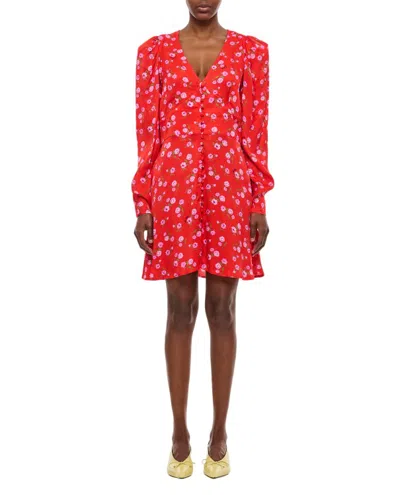 Rotate Birger Christensen Floral-print V-neck Satin Mini Dress In Red