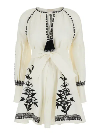 Anjuna White Mini Dress With Floreal Embroidery And Tassels In Linen Woman