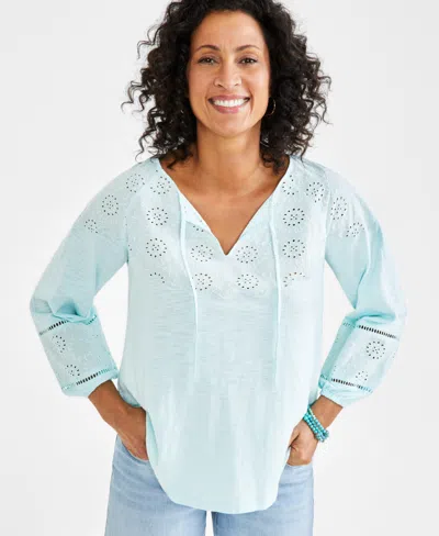 Style & Co Women's Eyelet-trim Tie-neck Peasant Top, Created For Macy's In Minty Turquoise