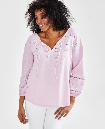 Style & Co Women's Eyelet-trim Tie-neck Peasant Top, Created For Macy's In Lilac Flor