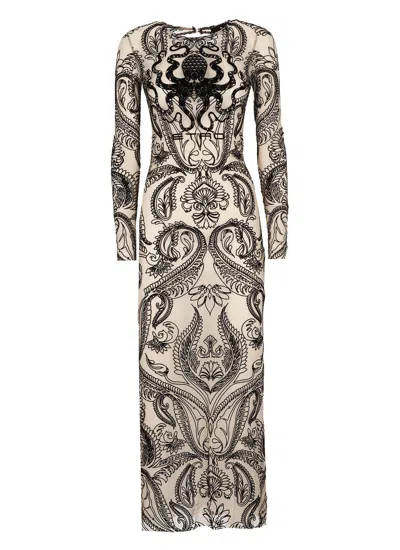 Etro Long Sleeve Flocked Tulle Midi Dress In Neutrals