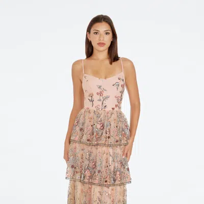 Dress The Population Loretta Floral Embroidery Midi Cocktail Dress In Pink