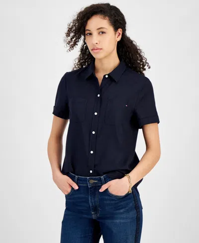 Tommy Hilfiger Women's Linen Pocket Logo Camp Shirt In Sky Capt