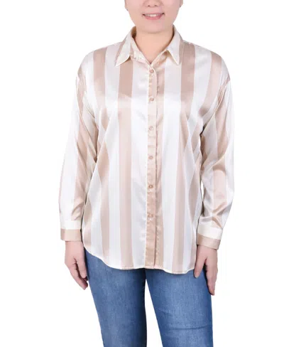 Ny Collection Petite Long Sleeve Striped Satin Blouse In Oxford Tan Eggnog
