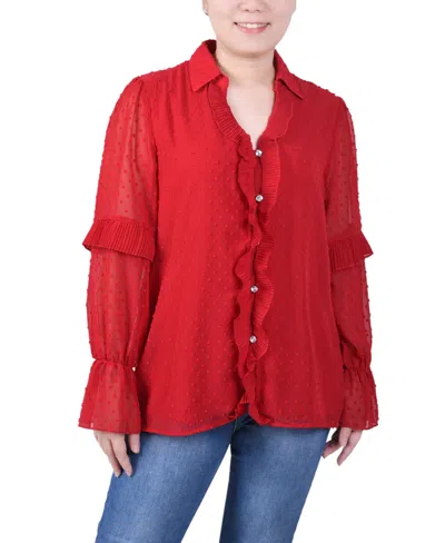 Ny Collection Petite Long Sleeve Dotted Chiffon Blouse In Red