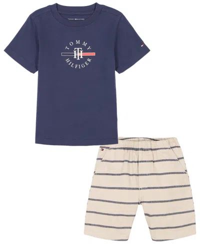 Tommy Hilfiger Kids' Toddler Boy Short Sleeve Logo Graphic Tee Striped Oxford Shorts Set In Blue Multi