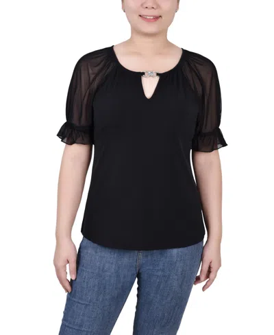 Ny Collection Petite Short Ruffle Sleeve Rhinestones Top In Black