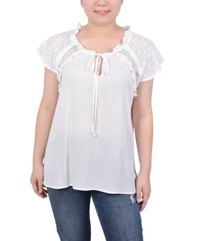 Ny Collection Petite Eyelet Sleeve Blouse In White