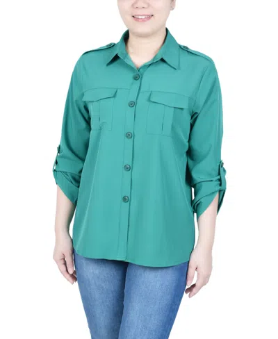 Ny Collection Petite 3/4 Sleeve Roll Tab Utility Blouse In Jelly Bean