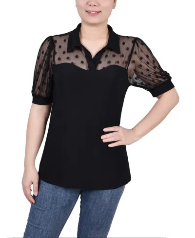Ny Collection Petite Short Sleeve Dotted Mesh Top In Black