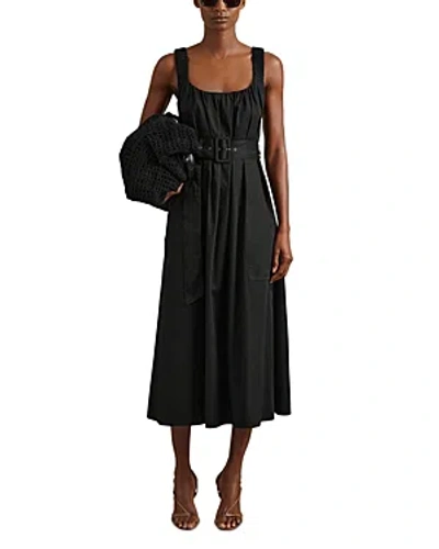 Reiss Liza - Black Cotton Ruched Strap Belted Midi Dress, Us 8