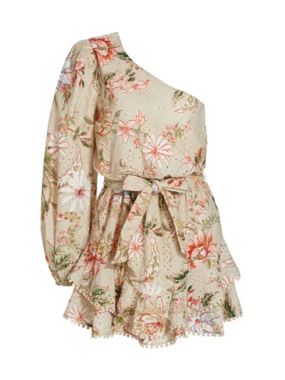 Hemant & Nandita Women's Floral Broderie Anglaise Tie-waist One-shoulder Minidress In Beige