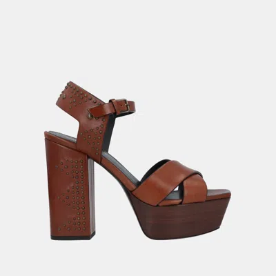 Pre-owned Saint Laurent Leather Block Heel Platform Sandals 38.5 In Brown