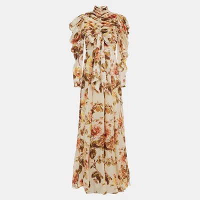 Pre-owned Zimmermann Cream Printed Ruched Silk Gown M
