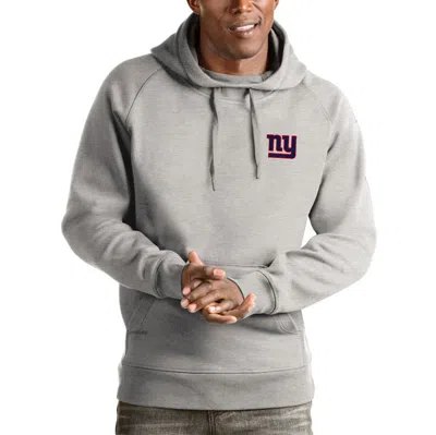 Antigua Heathered Gray New York Giants Logo Victory Pullover Hoodie In Heather Gray