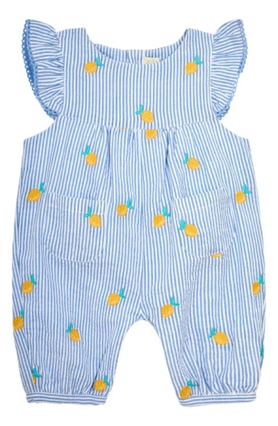 Jojo Maman Bébé Babies' Stripe Lemon Embroidered Cotton Romper In Blue