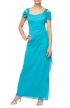Alex Evenings Petite Cowlneck Cold-shoulder Chiffon Gown In Turquoise