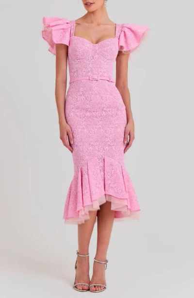 Nadine Merabi Belted Ruffle Lace Midi Dress In Light/pastel Pink