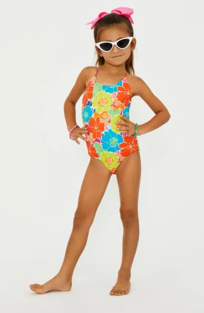 Beach Riot Kids' Little Julia One-piece Swimsuit In Neon Blooms Waffle