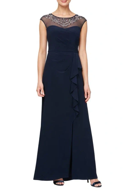 Alex Evenings Embellished Neck Cap Sleeve Jersey Gown In Navy