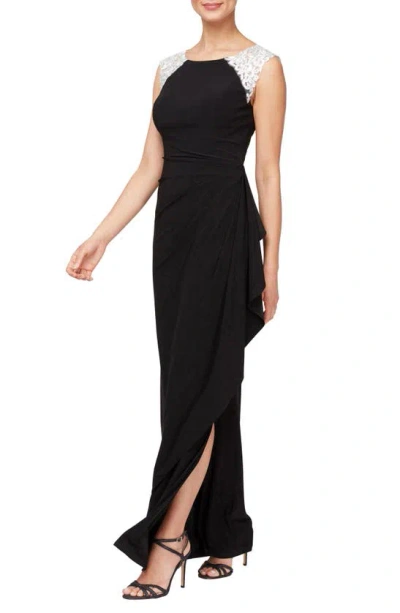Alex Evenings Gathered Lace Gown In Black White