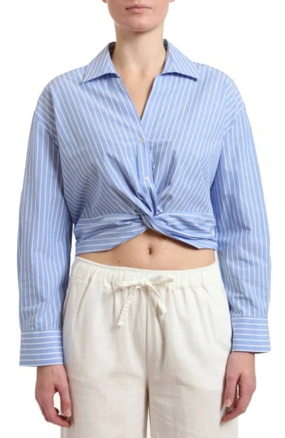 Mavi Jeans Stripe Twist Front Crop Button-up Shirt In Blue Striped