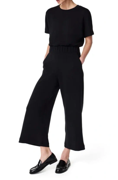 Spanx Airessentials Short Sleeve Crop Wide Leg Jumpsuit In Very Black