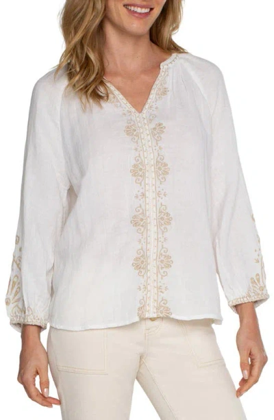 Liverpool Los Angeles Embroidered Double Gauze Top In Off White Tan