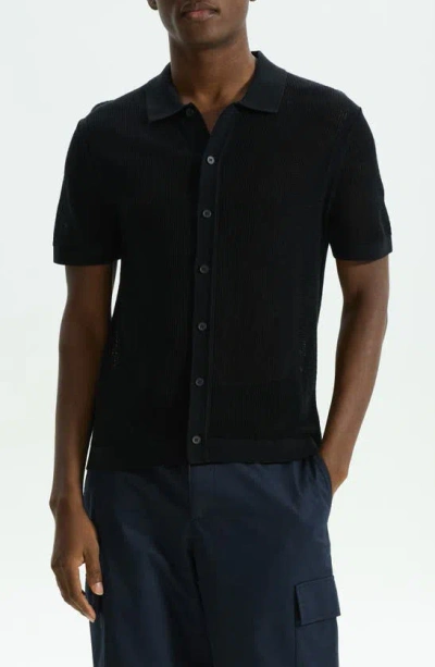 Theory Cairn Short Sleeve Button-up Cotton Blend Jumper In Black