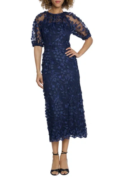 Maggy London Floral Appliqué Illusion Midi Cocktail Dress In Navy