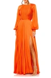 Ieena For Mac Duggal Pleated Long Sleeve Satin A-line Gown In Sunset