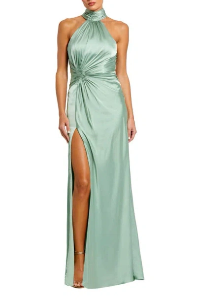 Ieena For Mac Duggal Side Ruched Satin Halter Gown In Sage