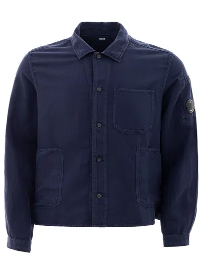 C.p. Company Linen Blend Pockets Shirt In Blue