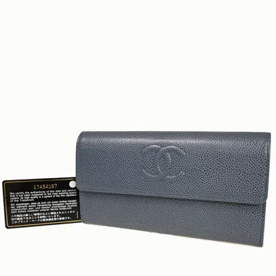 Pre-owned Chanel Logo Cc Blue Leather Wallet  ()