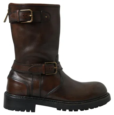 Dolce & Gabbana Brown Leather Mid Calf Biker Boots Shoes