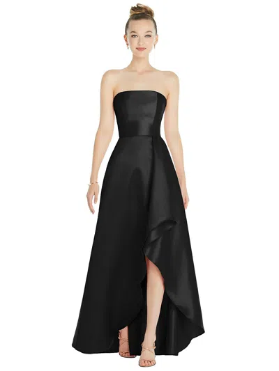 Alfred Sung Strapless Satin Gown With Draped Front Slit And Pockets In Black