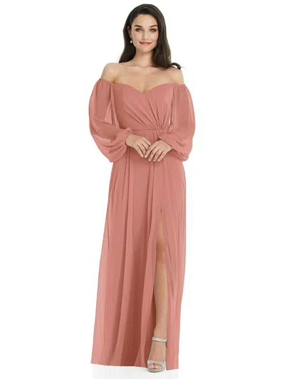 Dessy Collection Off-the-shoulder Puff Sleeve Maxi Dress With Front Slit In Pink