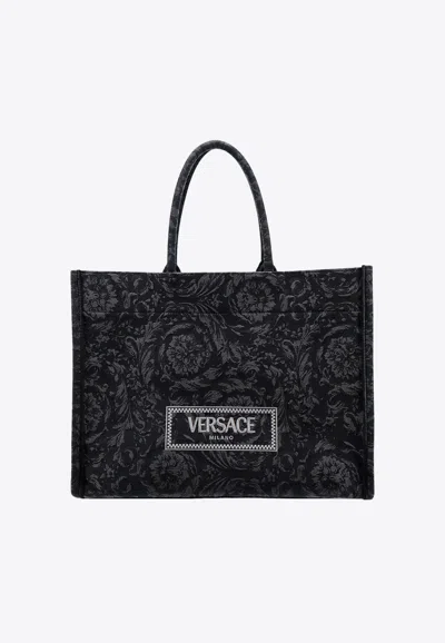 Versace Barocco Athena Jacquard Canvas Tote Bag In Black