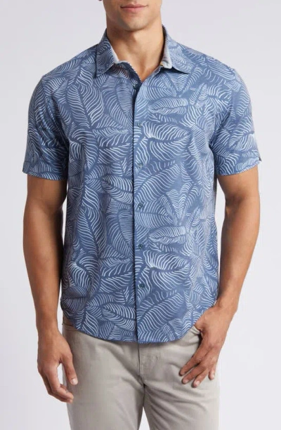 Fundamental Coast Wilshire Sagebrush Leaf Print Short Sleeve Stretch Button-up Shirt In Maui Blue