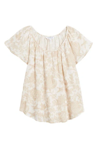 Liverpool Los Angeles Floral Flutter Sleeve Cotton Top In Tan White Floral
